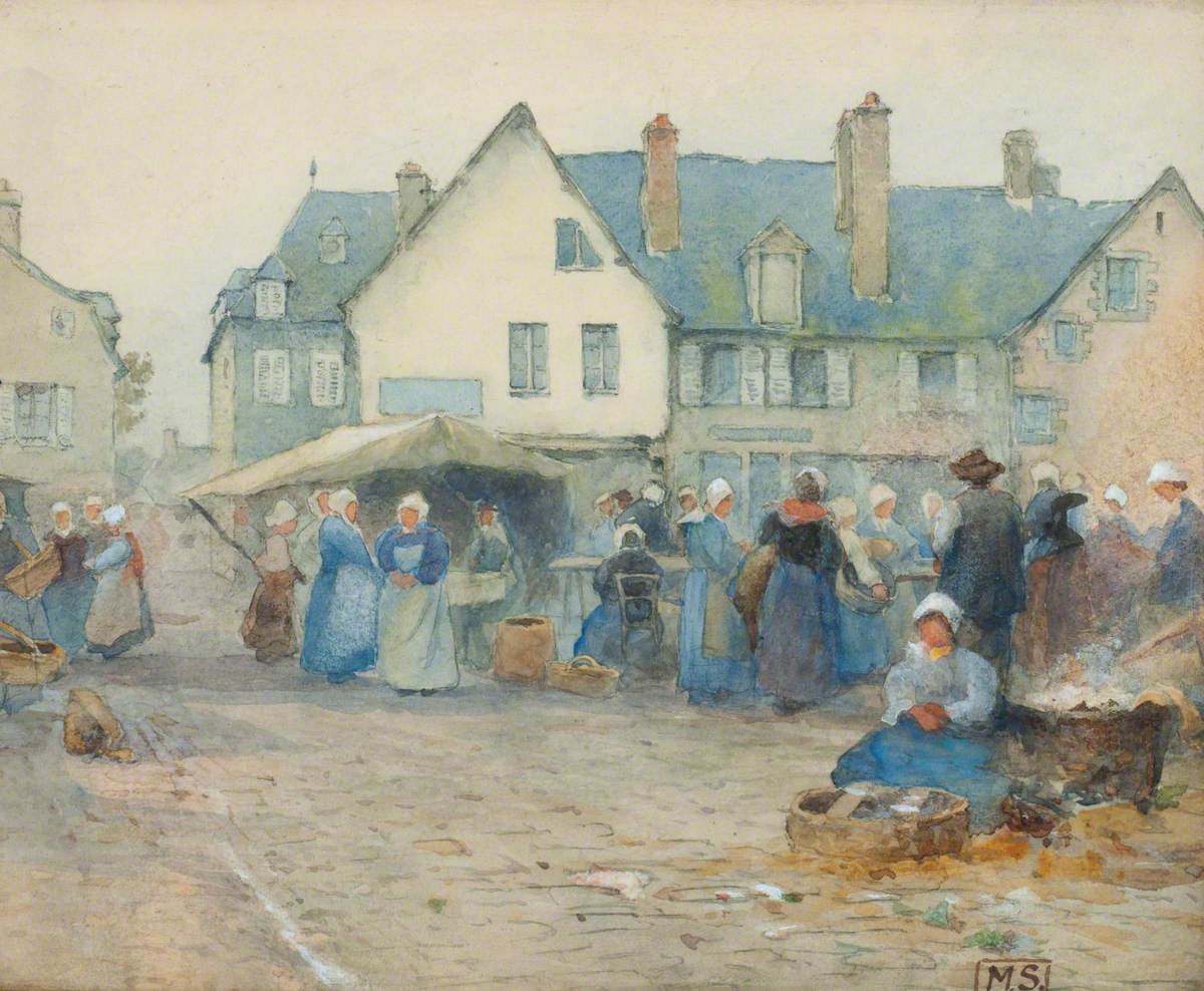 Avranches Market, aquarelle, 18x22,8, Mary Elisabeth Stormont, 1862, Rye Art Gallery